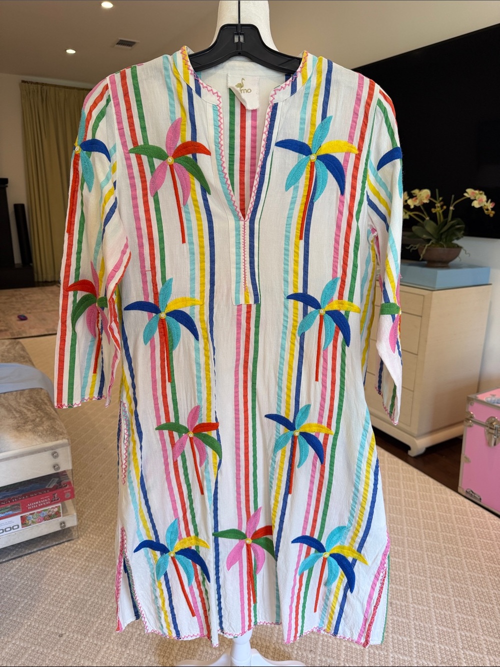 Nimo With Love - Women’s Embroidered Stripe Palm Caftan Dress - Size: Small